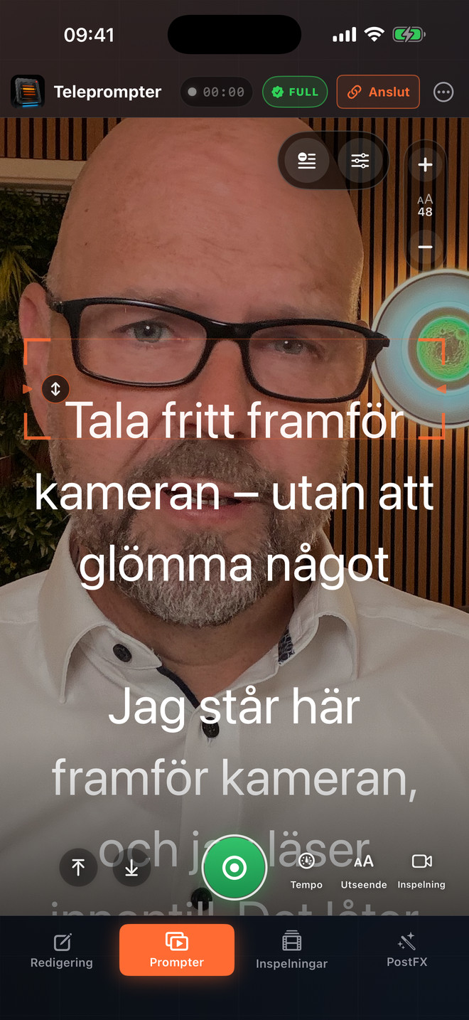 Teleprompter Video Studio på en iPhone i stående format