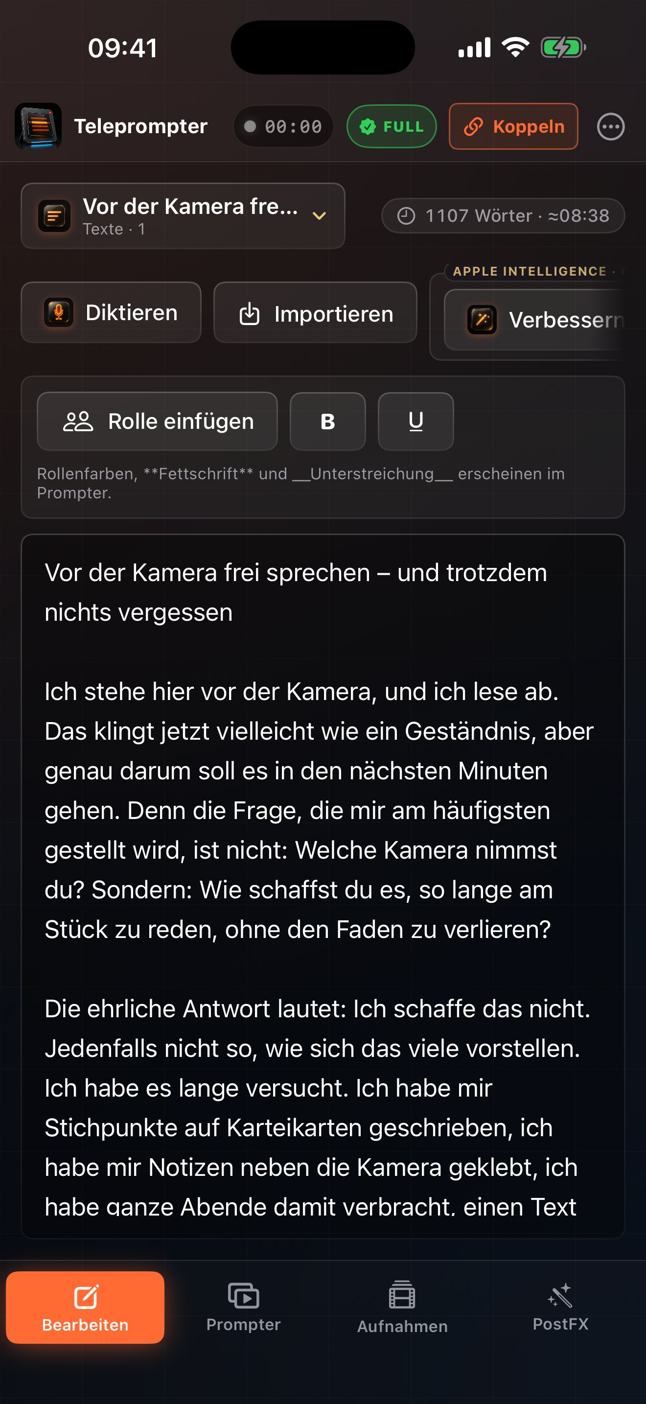 Skript schreiben, diktieren oder importieren (iPhone)