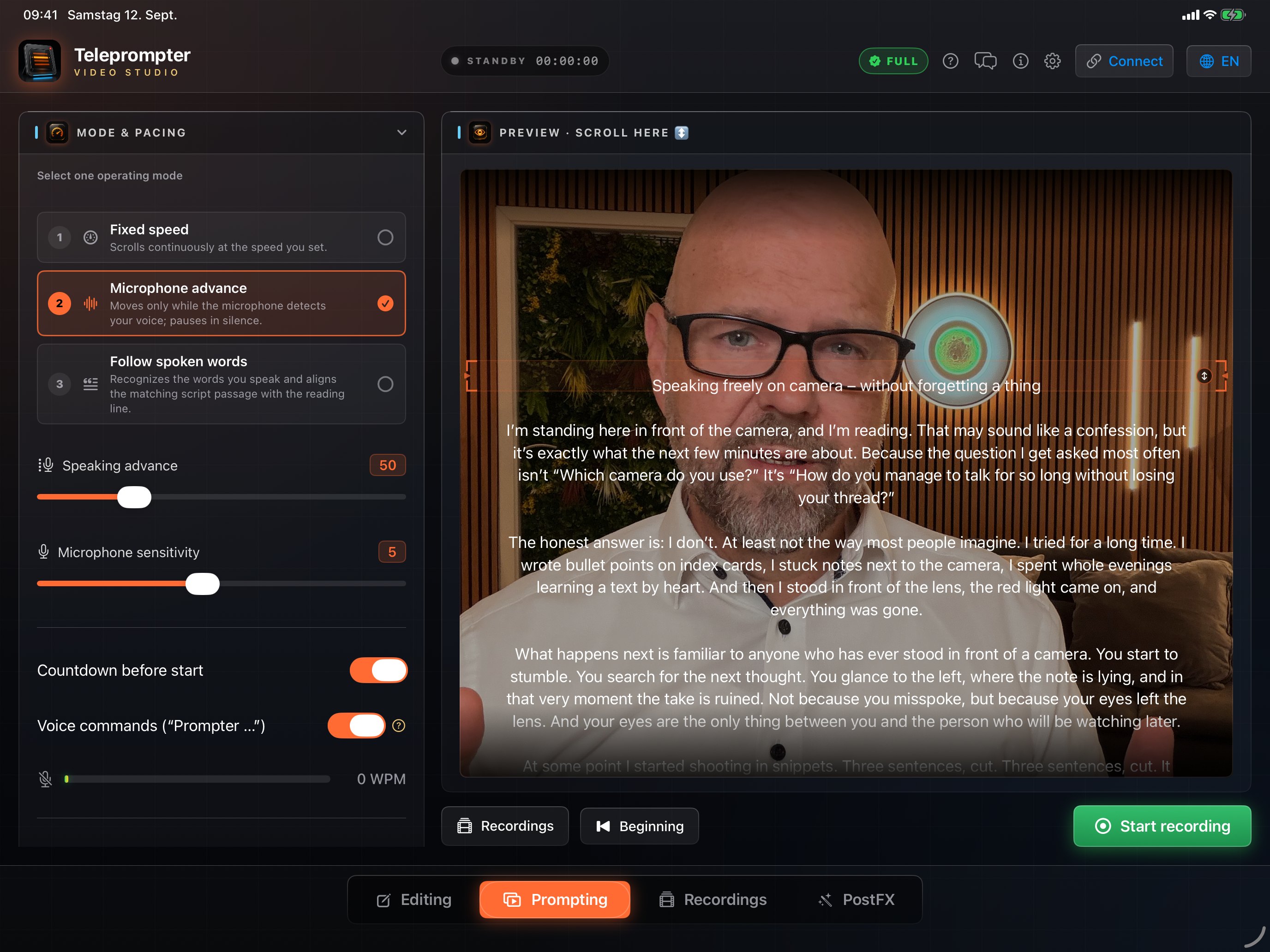The iPad studio view shows three prompting modes beside the script and camera preview