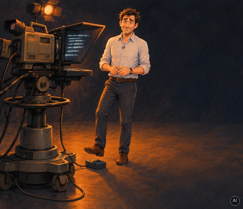 Illustration: a presenter stands in front of a large studio camera with a teleprompter, his foot hovering over a foot switch