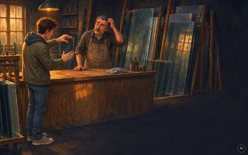 Illustration: a glazier scratches his head, puzzled, while a young man describes a pane of glass to him