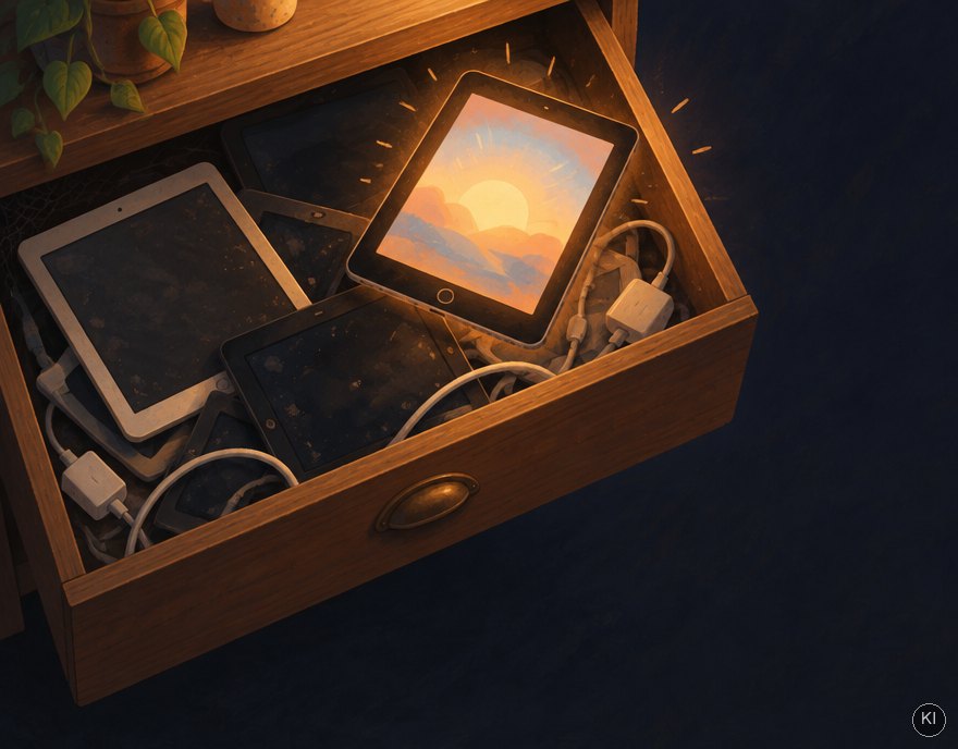 Illustration: Eine Schublade voller alter Tablets, eines leuchtet wieder