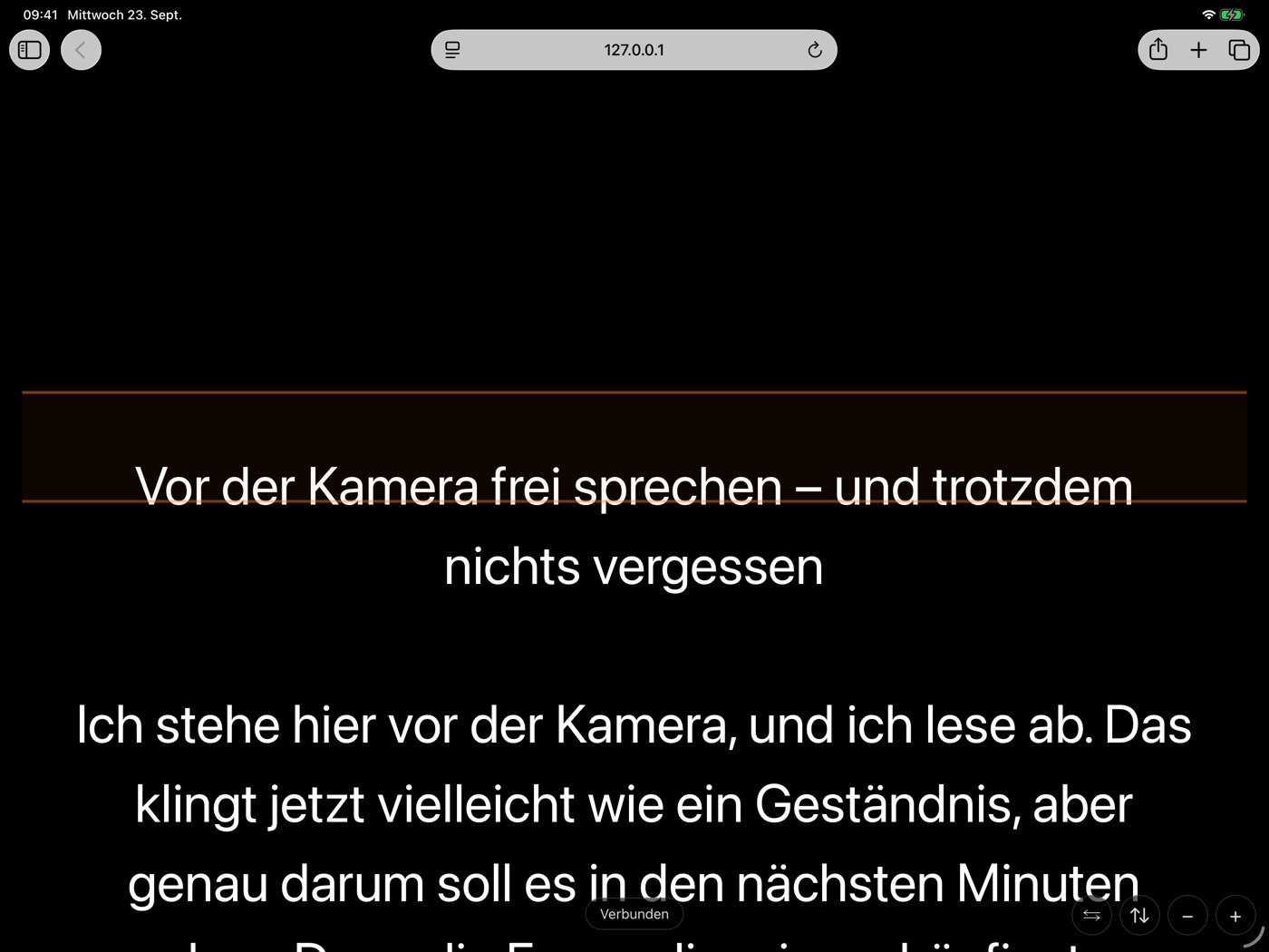The tablet’s browser shows the prompter text with a reading line (German sample script)