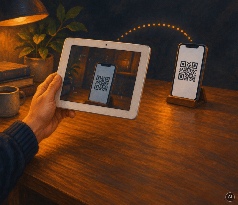 Illustration: a hand holds an older tablet whose camera points at the QR code on a phone