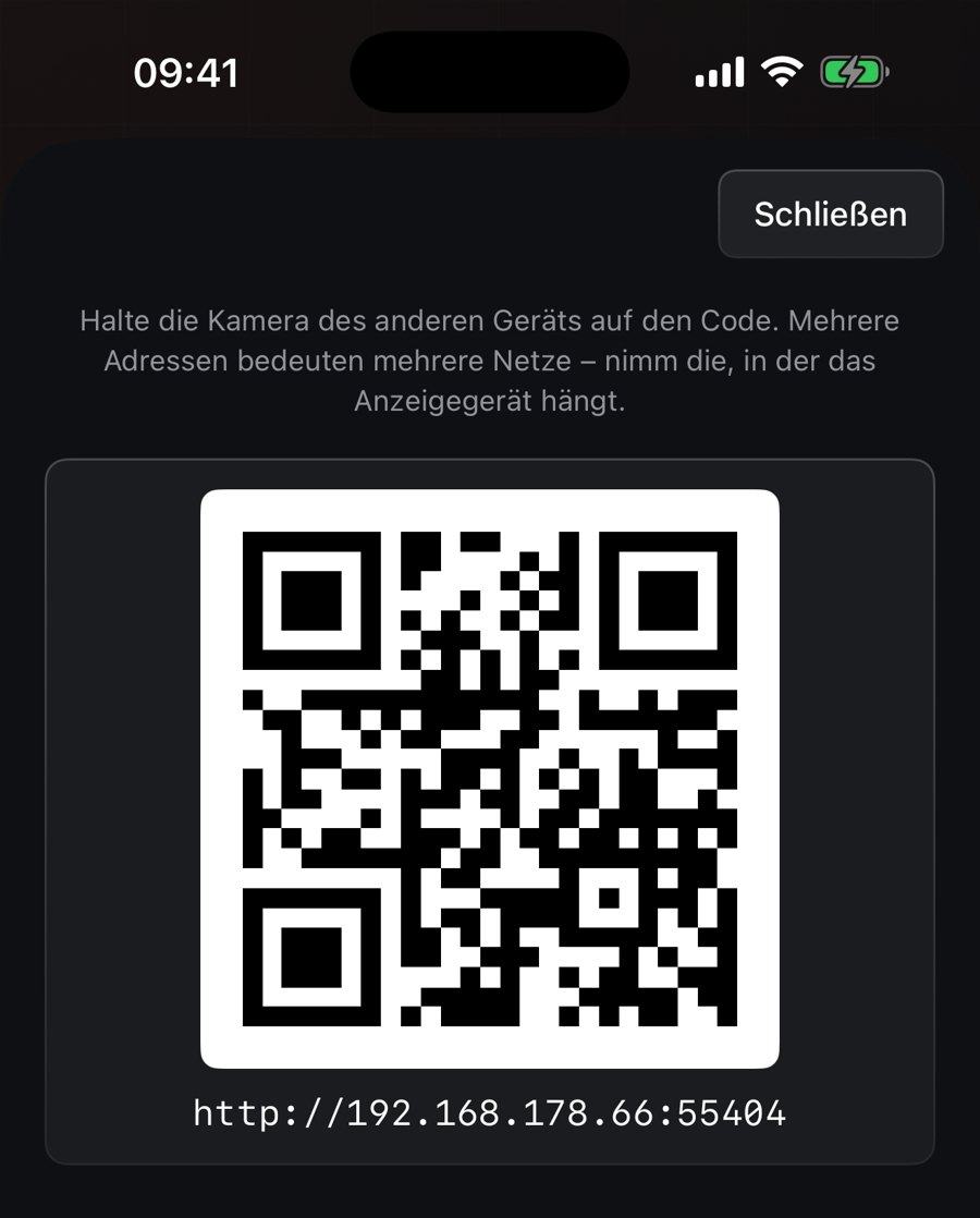The app on iPhone shows a QR code with the address of the browser display below it (German interface)