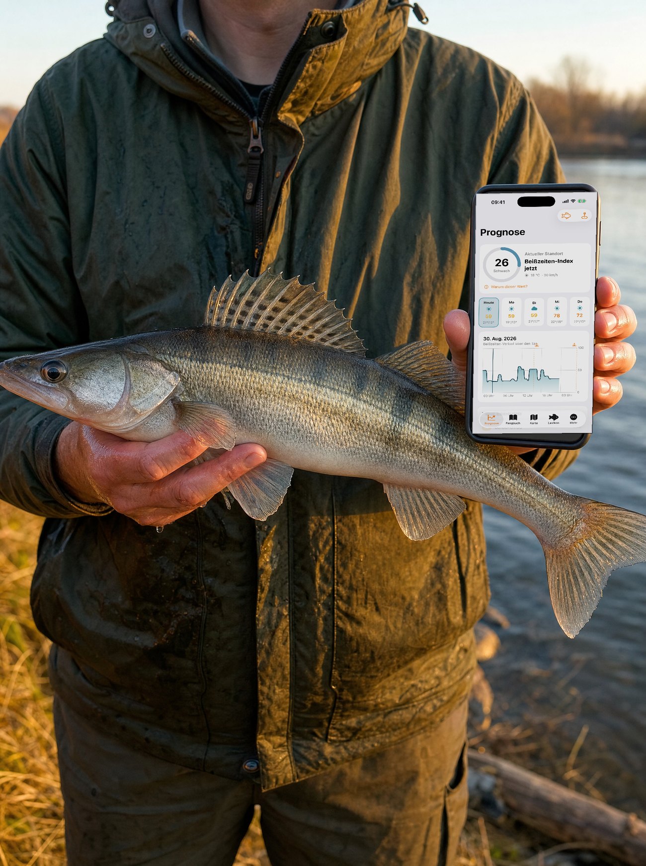 Angler am Flussufer hält einen gefangenen Zander im Arm und in der anderen Hand ein iPhone mit der Prognose-Ansicht von Uferzeit