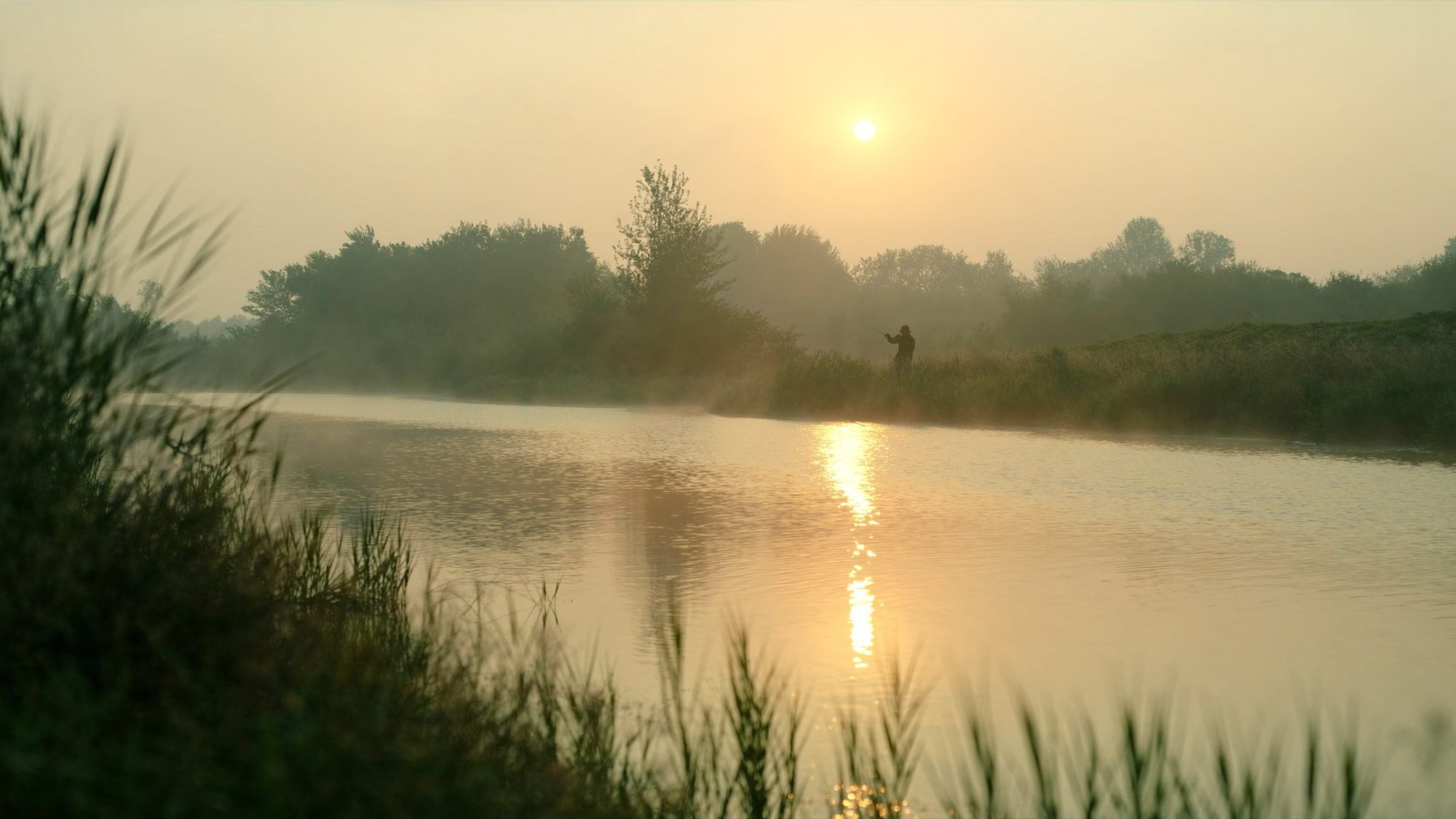 Sonnenaufgang über einem nebligen Fluss, ein Angler wirft vom Ufer aus