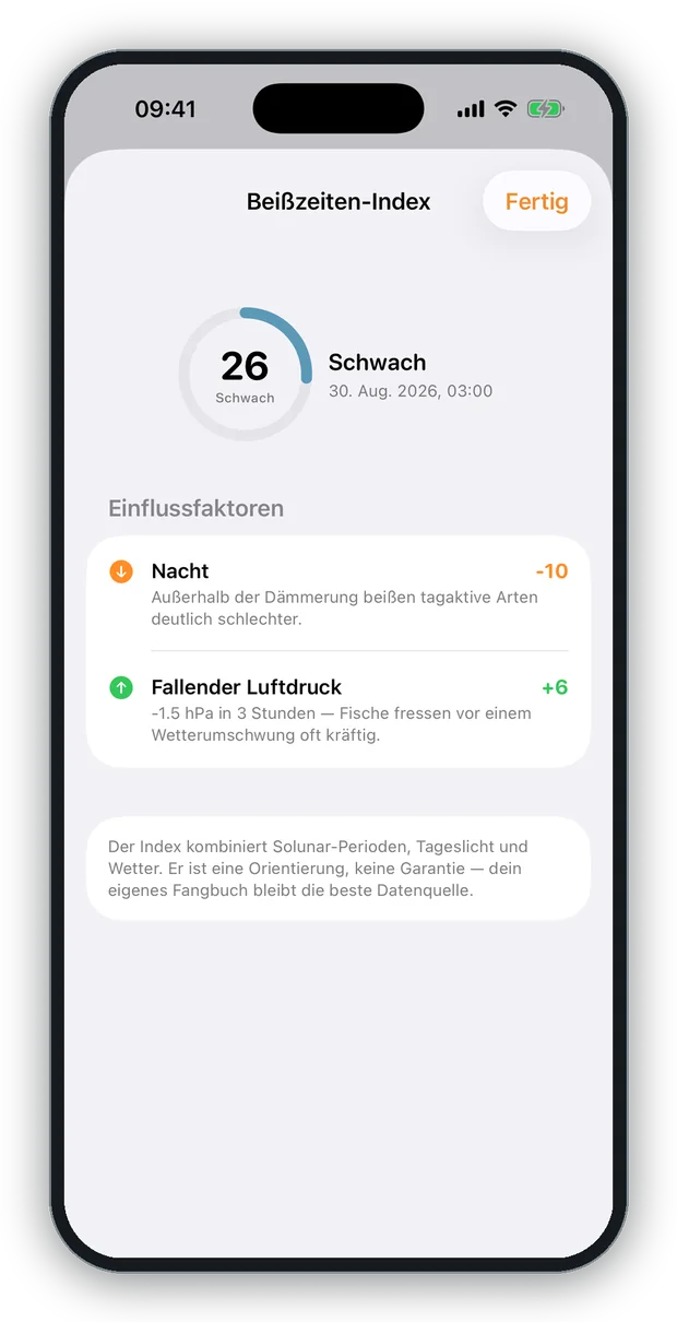 Bildschirmfoto: der Beißzeiten-Index mit den Einflussfaktoren Nacht und fallender Luftdruck, jeweils mit Punktwert