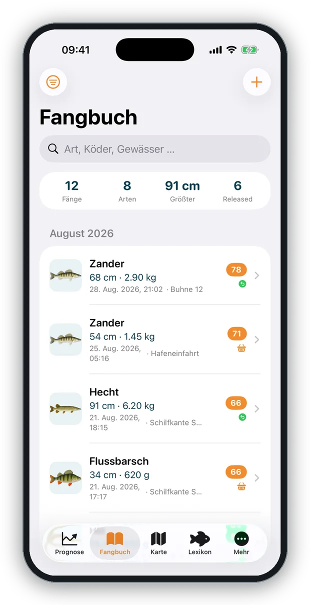 Bildschirmfoto: das Fangbuch mit zwölf Fängen, Kopfzahlen zu Arten und Rekordlänge sowie dem Beißzeiten-Index je Eintrag