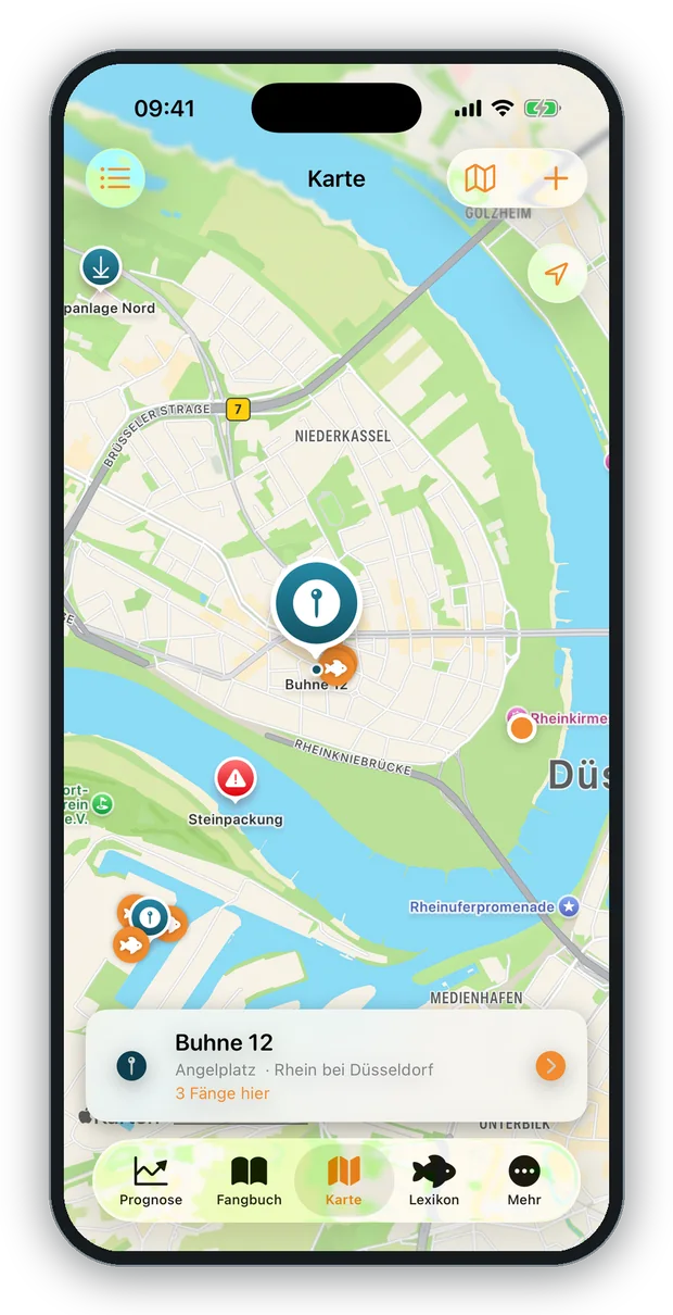 Bildschirmfoto: die Karte mit Angelplätzen, einer Gefahrenstelle und Fangmarkern am Rhein, unten die Angaben zum gewählten Spot