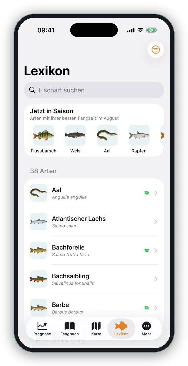 Bildschirmfoto: das Fischlexikon mit 48 Arten und den Arten der aktuellen Saison
